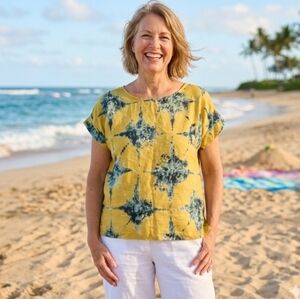New Bellambra Linen Top Made in Italy Tie Dye Blouse size L Yellow/Blue